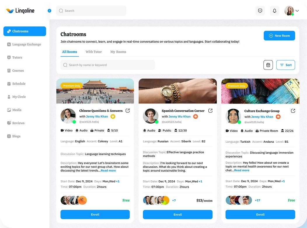 Explore lessons and chatrooms on Lingoline